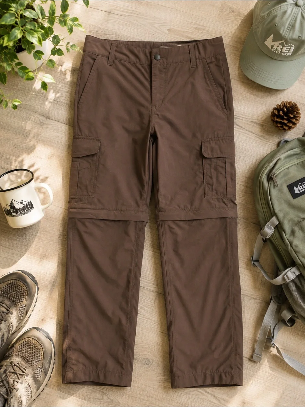 REI Girls 10/12 Convertible Zip Off Hiking Cargo Pants Brown